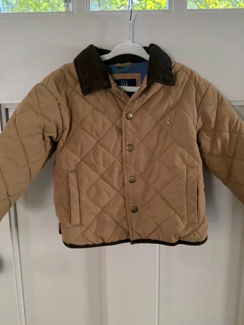 GAP Quilted Tan Puffer Jacket with Dark Brown Collar